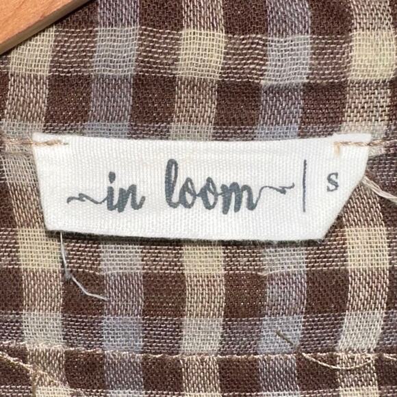 In Loom Brown Plaid Check Frayed Ruffle Relaxed Button Front Top Size Small - Picture 3 of 13